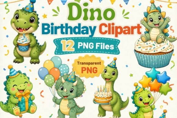 Dino Birthday Clipart PNG, 12 Cute Dinos - Download Now